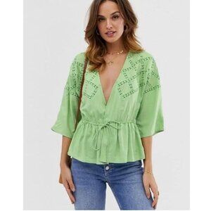 NWT ASOS | Viscose Eyelet Lace Wrap Blouse Top Pastel Green | Size UK 4 (US 0)*